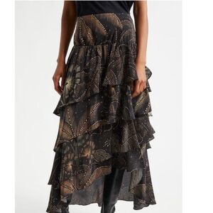 Farm Rio black gold layered ruffled maxi long asymmetrical starry dress size M